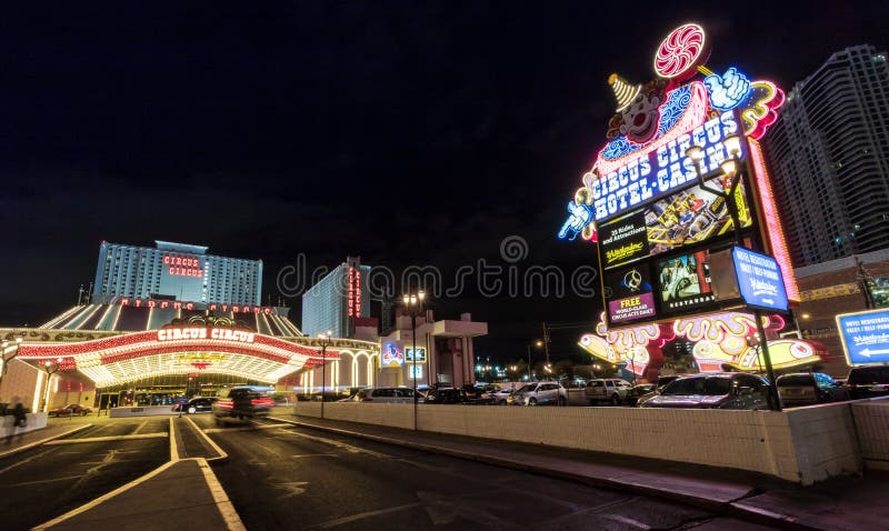 LAS VEGAS, USA - December 23, 2016: Circus Circus Hotel and Casino entrance at night. LAS VEGAS, USA - December 23, 2016: Circus Circus Hotel and Casino entrance at night