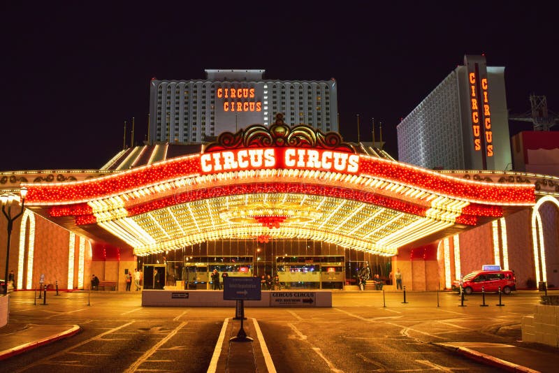 Photo of the illuminated Circus Circus Hotel & Casino Entrance in Las Vegas by night. Photo of the illuminated Circus Circus Hotel & Casino Entrance in Las Vegas by night