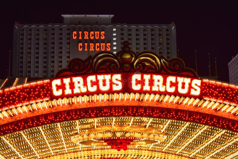 Photo of the illuminated Circus Circus Hotel & Casino Entrance in Las Vegas by night. Photo of the illuminated Circus Circus Hotel & Casino Entrance in Las Vegas by night