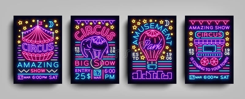 Circus collection of posters design templates neon style. Circus set of neon signs, tent, elephant, amusement park, light banner, neon flyer, advertising of Circus performances. Vector illustration.