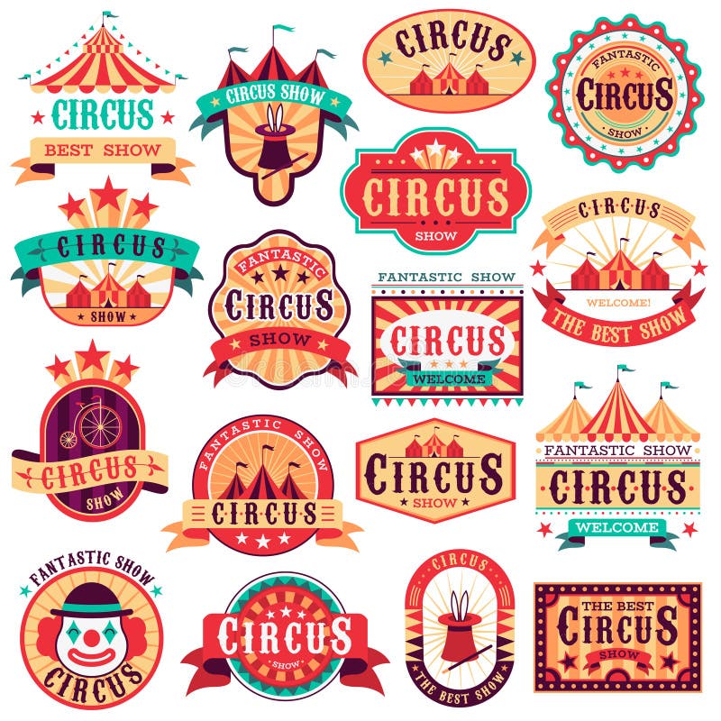 Circus emblems. Carnival festival, fun circus show retro paper signboard invitational banners event frames arrow royalty free illustration Circus emblems. Carnival festival, fun circus show retro paper signboard invitational banners event frames arrow royalty free illustration