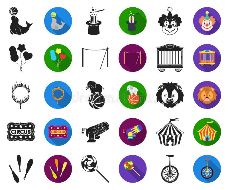 Circus en attributen zwarte, vlakke pictogrammen in vastgestelde inzameling voor ontwerp Van de het symboolvoorraad van de circus royalty-vrije illustratie Circus en attributen zwarte, vlakke pictogrammen in vastgestelde inzameling voor ontwerp Van de het symboolvoorraad van de circus royalty-vrije illustratie