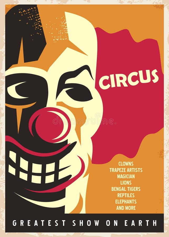 Circus poster design template with red nose clown portrait on yellow background. Vintage style vector illustration on old paper texture.