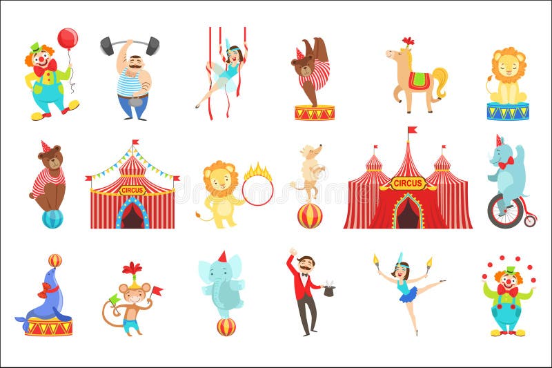 Circus Related Objects And Characters Set. Cute Cartoon Childish Style Illustrations Isolated On White Background.