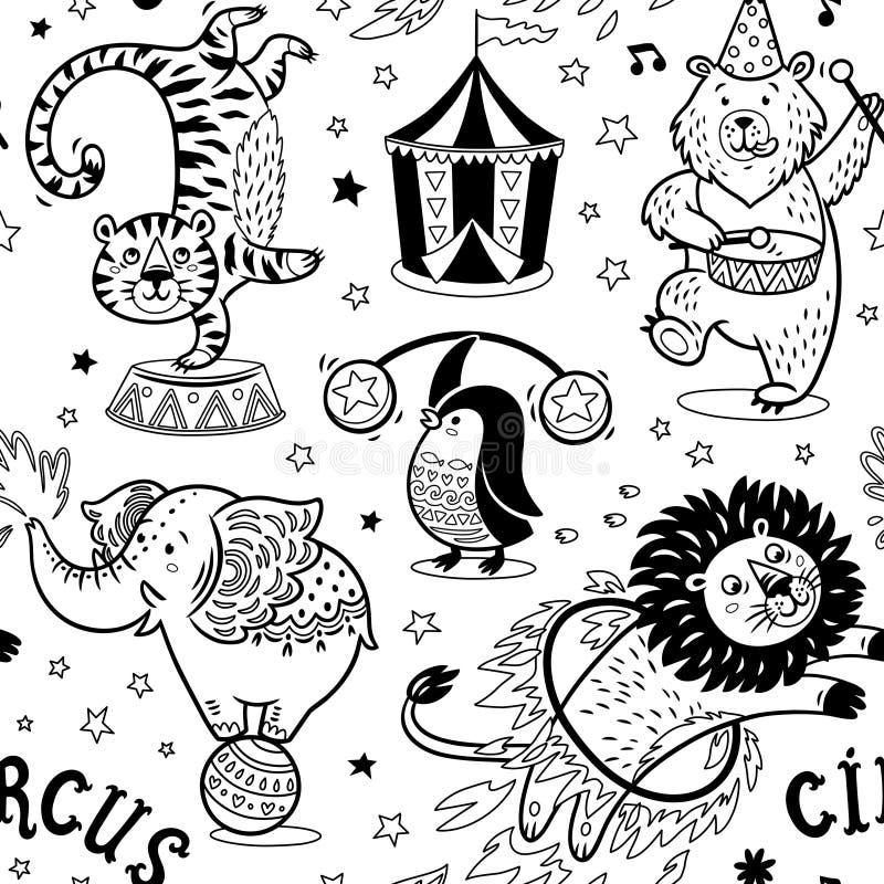 Black Outlined Lined Drawing of Circus Animals for Childrens