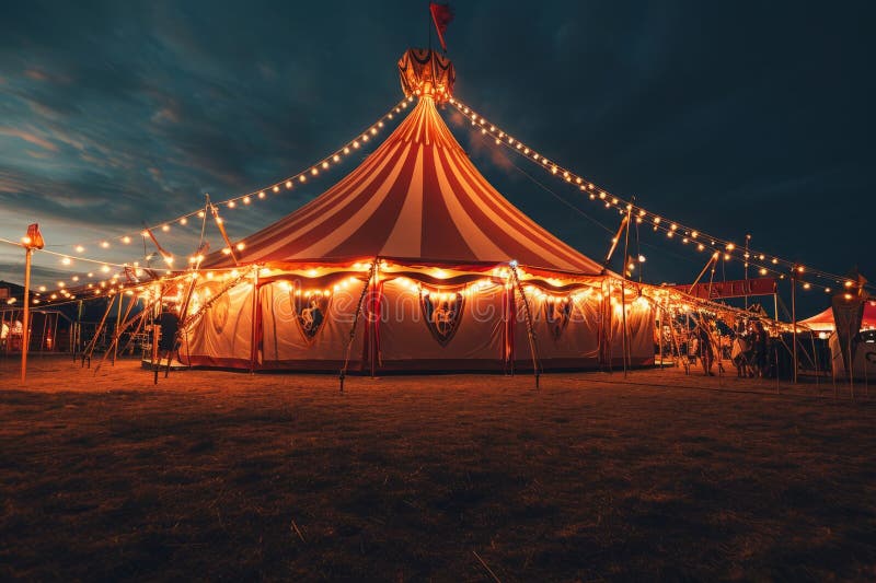 Circus tent with illuminations lights at night. Striped dome of traveling circus in amusement park.