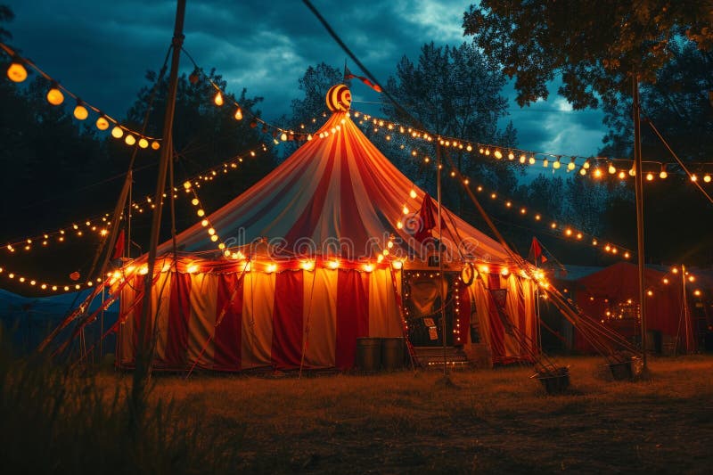 Circus tent with illuminations lights at night. Striped dome of traveling circus in amusement park.