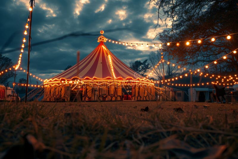 Circus tent with illuminations lights at night. Striped dome of traveling circus in amusement park.