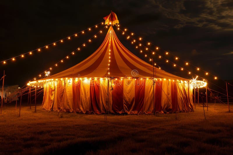 Circus tent with illuminations lights at night. Striped dome of traveling circus in amusement park.