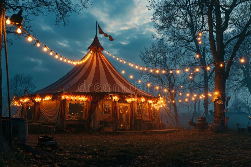 Circus tent with illuminations lights at night. Striped dome of traveling circus in amusement park.