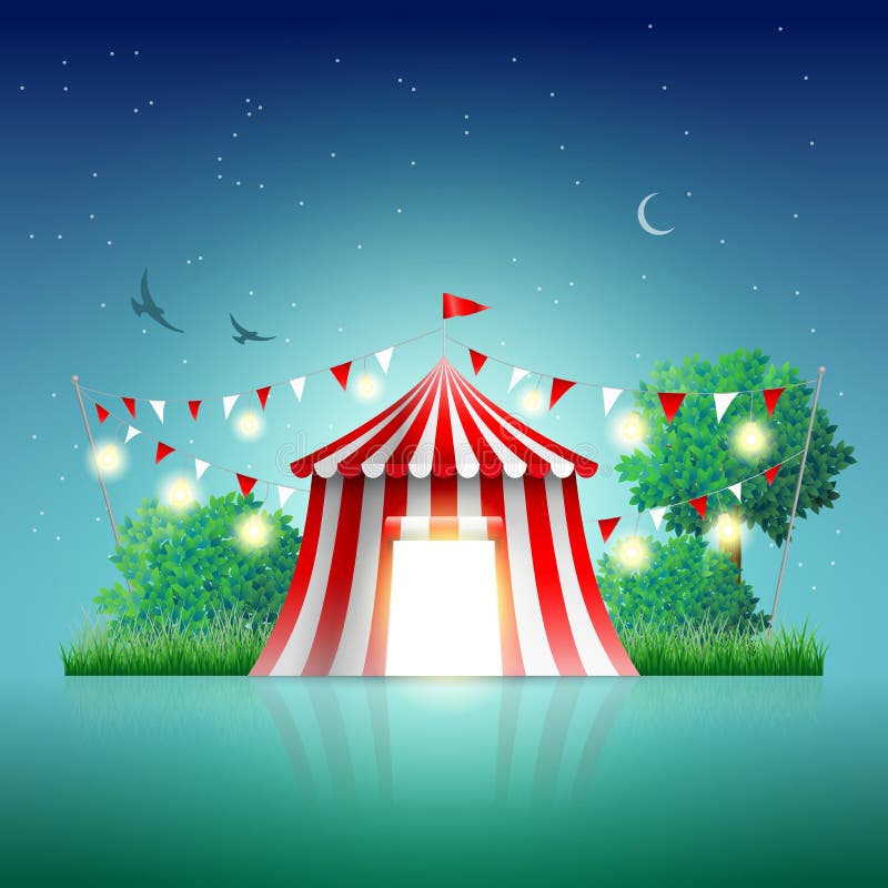 Circus tent in night landscape. Elements are layered separately in vector file. Grass night sky background vectors