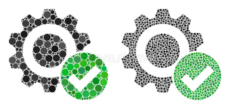 Pixelated valid gear icon. Collage valid gear icon constructed from circle parts in variable sizes and color shades. Vector circle dots are organized into mosaic valid gear icon. Pixelated valid gear icon. Collage valid gear icon constructed from circle parts in variable sizes and color shades. Vector circle dots are organized into mosaic valid gear icon.
