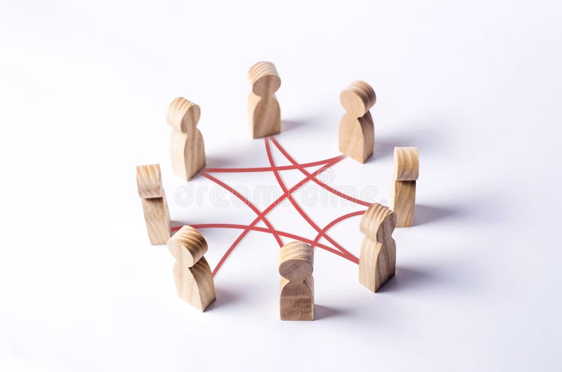 Cirkel van mensen door rode krommenlijnen die onderling wordt verbonden samenwerking, groepswerk, opleiding Personeel, communauta Cirkel van mensen door rode krommenlijnen die onderling wordt verbonden samenwerking, groepswerk, opleiding Personeel, communauta
