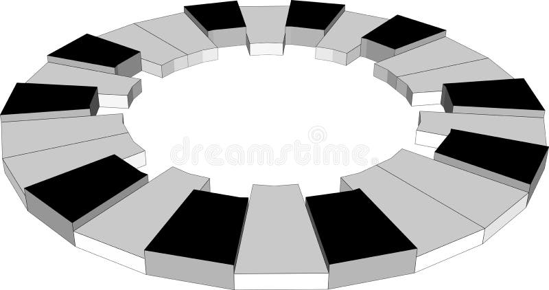 Cirkelpianotangenter, två oktäver, 3d stock illustrationer Cirkelpianotangenter, två oktäver, 3d stock illustrationer