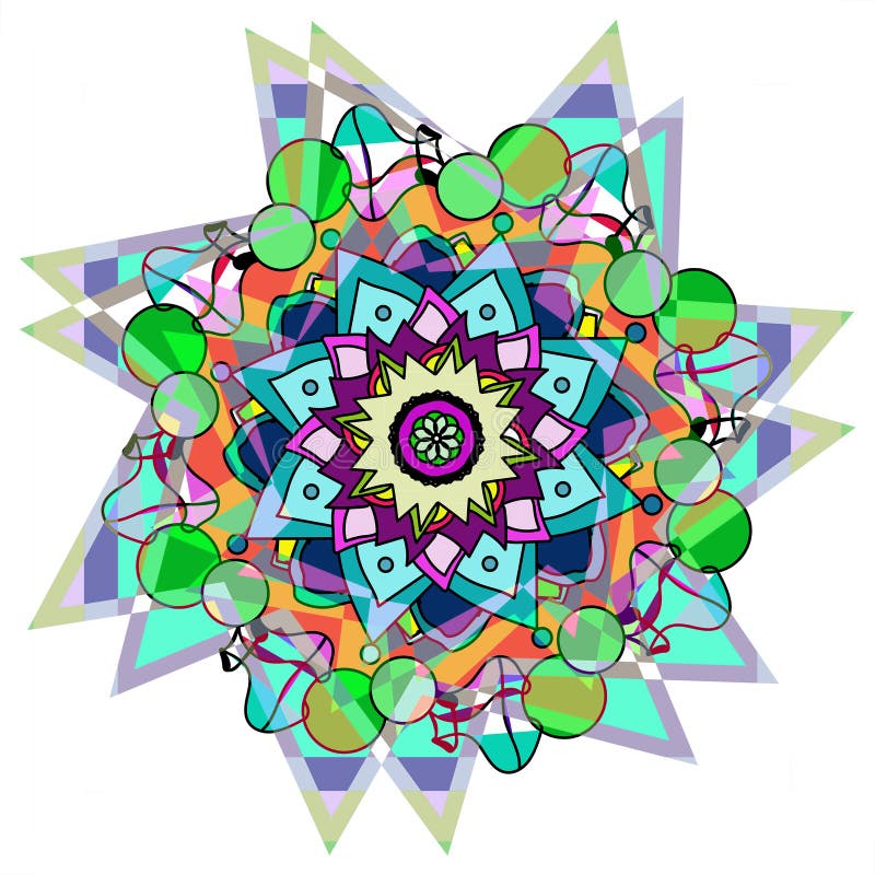 CIRKELS EN STERREN MANDALA Lineair ontwerp CENTRALE BLOEM IN LICHTGROEN PURPLE, GEEL, BEIGE, ROZE, TURKOOIS Witte achtergrond vector illustratie CIRKELS EN STERREN MANDALA Lineair ontwerp CENTRALE BLOEM IN LICHTGROEN PURPLE, GEEL, BEIGE, ROZE, TURKOOIS Witte achtergrond vector illustratie