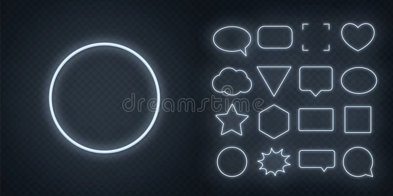 Cirkelvormige spraak bubble star triangle harthexagon en andere gloeiende witte neonframes op een donkerdoorzichtig