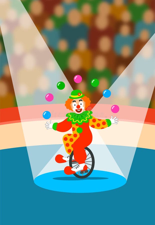 Cirkusclown som jonglerar bollar på enhjulingen på arenan royaltyfri illustrationer Cirkusclown som jonglerar bollar på enhjulingen på arenan royaltyfri illustrationer