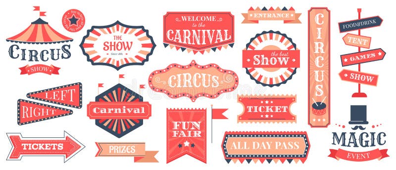 Cirkusevenemangsetiketter. Karneval magi visar element med veteranmässor och cirkusskyltar, retro-festivalmallvektor