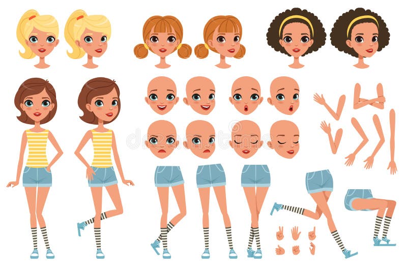 Cirl character creation set, cute girl constructor with different poses, gestures, faces, hairstyles, vector