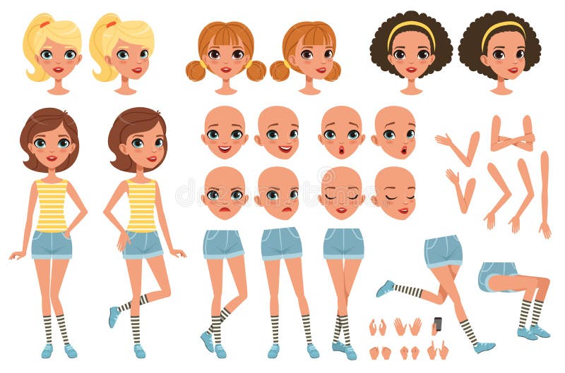 Cirl character creation set, cute girl constructor with different poses, gestures, faces, hairstyles, vector