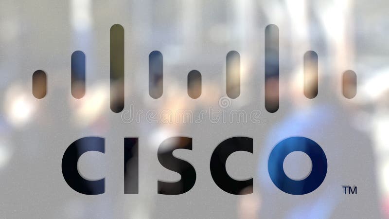 Cisco Systems logo on a glass against blurred crowd on the steet. Editorial 3D rendering