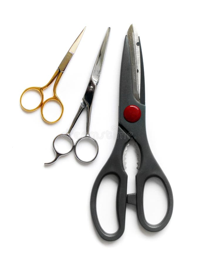 An image showing three pairs of scissors in different sizes. Stainless steel, with black handles, silver handles and golden handles. Vertical color format. Clean white background. An image showing three pairs of scissors in different sizes. Stainless steel, with black handles, silver handles and golden handles. Vertical color format. Clean white background.