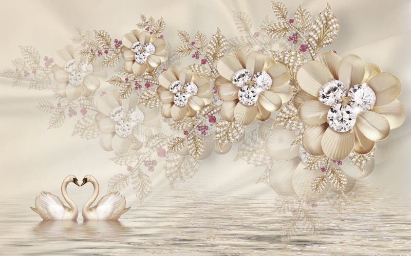 Cisne de oro del ejemplo mural 3d en el agua con la joyería floral decorativa del fondo, bola 3d ilustración del vector
