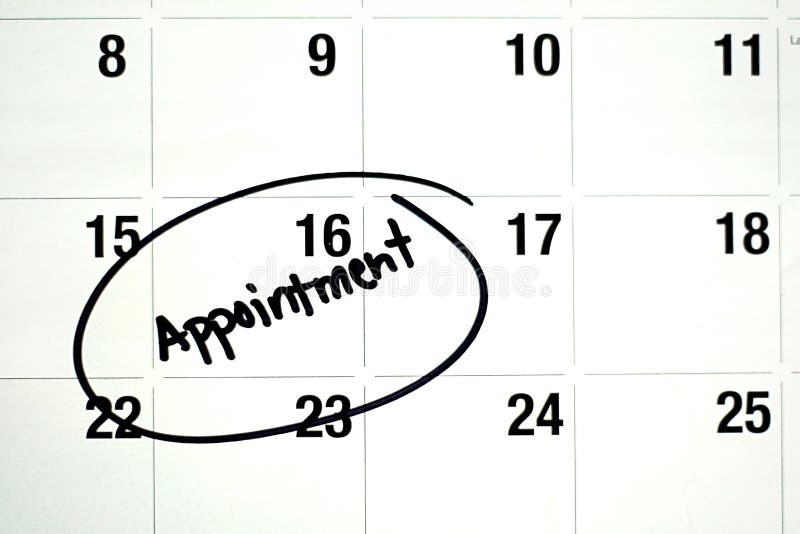 The word appointment is written in black ink and circled on a white montly calendar page. The word appointment is written in black ink and circled on a white montly calendar page