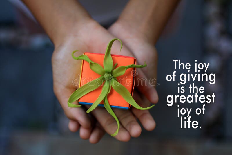 Cita inspiradora la alegría de dar es la mayor alegría de la vida. con una pequeña caja de regalo linda en manos de una joven muje