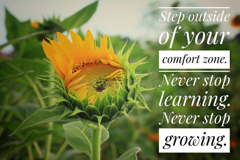 Citação motivacional inspiracional que sai de sua zona de conforto. nunca parar de aprender. nunca pára de crescer.