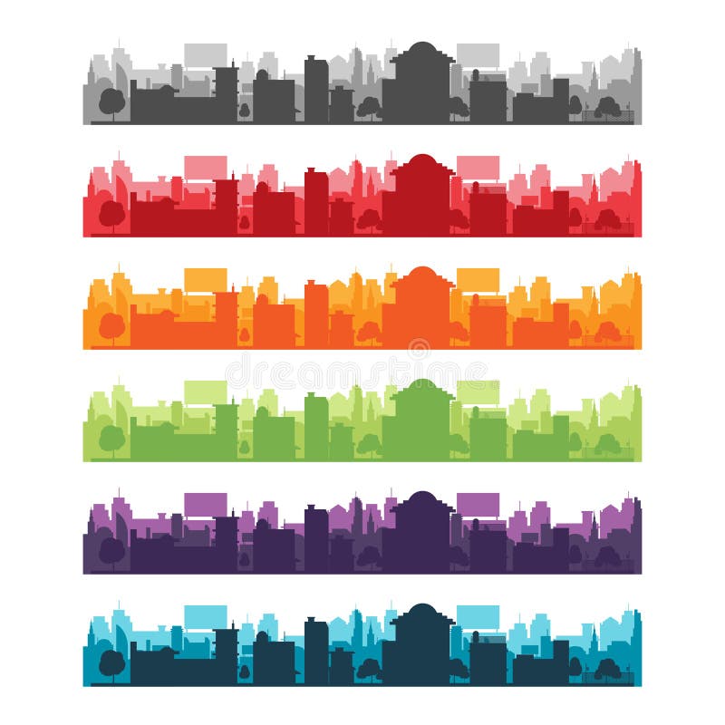 Cities Silhouette Landscape Color Set Vector