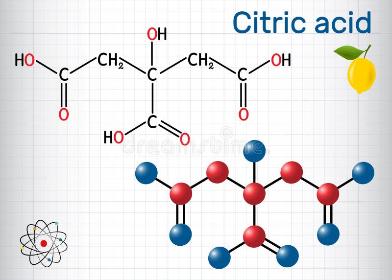 Citric acid molecule, is found in citrus fruits, lemons and limes. Is used as additive in food, cleaning agents, nutritional