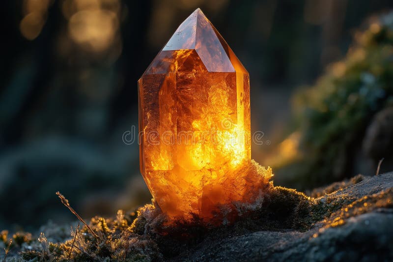 Citrine crystal gloat på mossy rock i skog vid solnedgång vektor illustrationer