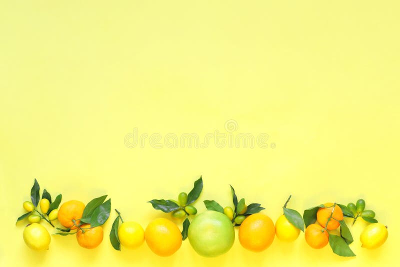 Citrinos no fundo amarelo Laranja, limão, kumquat, tangerina, doce, toranja fotografia de stock royalty free Citrinos no fundo amarelo Laranja, limão, kumquat, tangerina, doce, toranja fotografia de stock royalty free