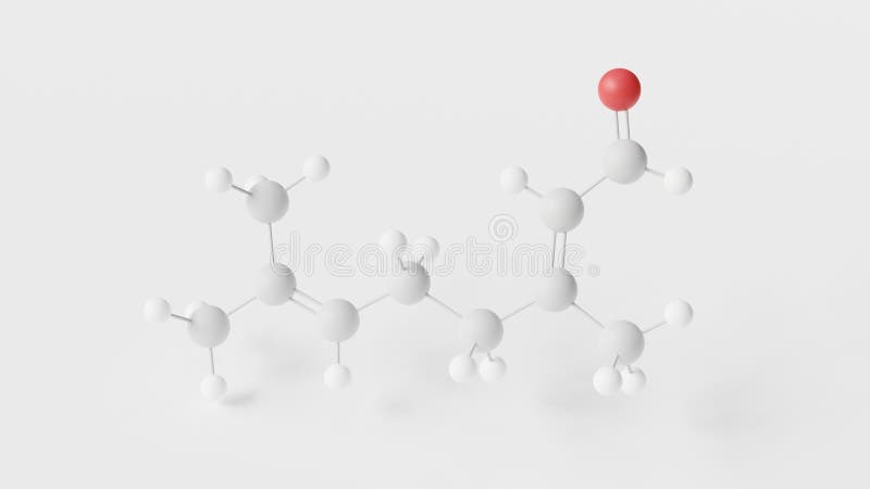 Citronenmolekül 3d Molekularstruktur Kugel und Stäbchen Modell strukturelle chemische Formel acyclische Monoterpenaldehyd vektor abbildung