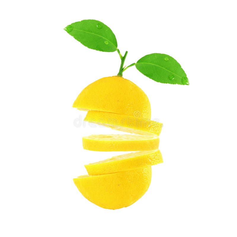 Citronfrukt med skivan och sidor i ren vit bakgrund arkivfoton Citronfrukt med skivan och sidor i ren vit bakgrund arkivfoton