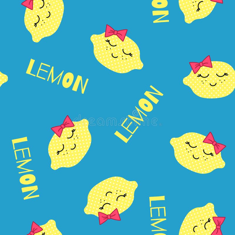 CitronKawaii modell Sömlös textur för vektor av lyckliga gula citroner på en blå bakgrund vektor illustrationer CitronKawaii modell Sömlös textur för vektor av lyckliga gula citroner på en blå bakgrund vektor illustrationer