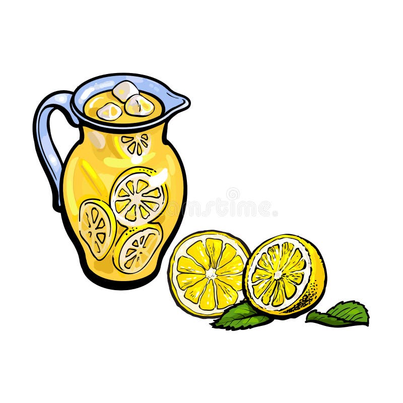 Citrons coupés en tranches par cruche en verre de limonade de croquis de vecteur réglés illustration libre de droits Citrons coupés en tranches par cruche en verre de limonade de croquis de vecteur réglés illustration libre de droits