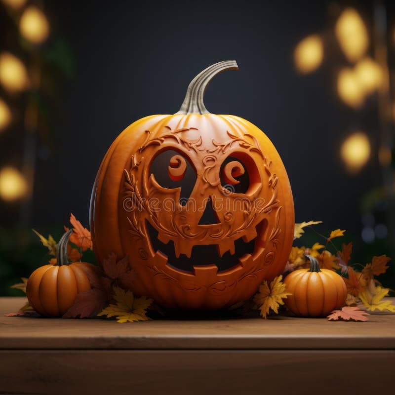 Citrouille de dessin animé 3d très détaillée avec éclair sur la table. Citrouille d'halloween sculptée sur table avec feuilles tombées rendues dans un moteur irréel pour un effet très réaliste. ce rendu photoréaliste de jack hughes présente les détails complexes des citrouilles et un éclairage réaliste. la scène créée à maya capture l'essence de l'halloween avec son atmosphère effrayante et son rendu vivant. ai généré