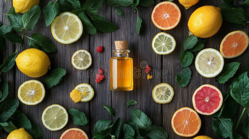 Zitrusätherisches Öl, frische Zitrusfrüchte und Kräuter auf rustikalem Holz, Aromatherapie- und Spa-Konzept stock abbildung