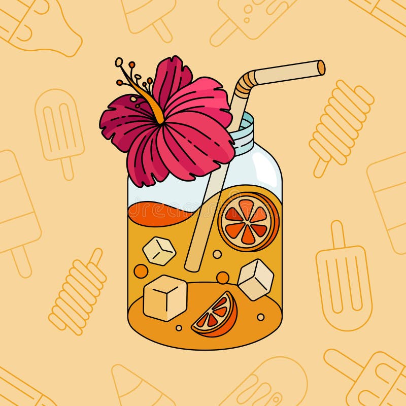 Citrus Flavated Glass Jar Drinks with Hibiscus Flowers and Straws for Refshing Summer Beach Moments Perfect for a Tropical royaltyfri illustrationer