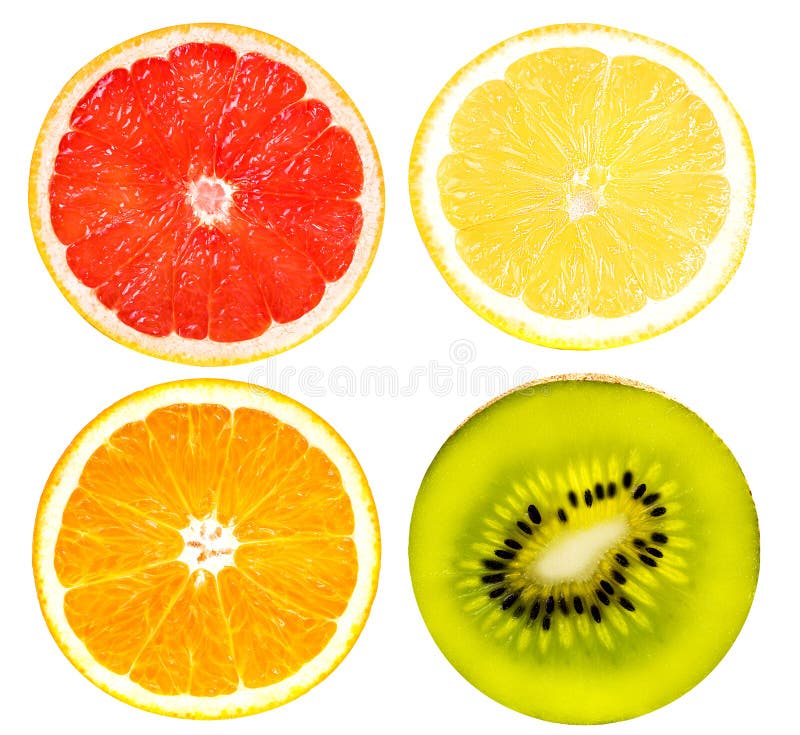 Citrus Fruit Set ( grapefruit, orange,kiwi, lemon) isolated on w stock photography