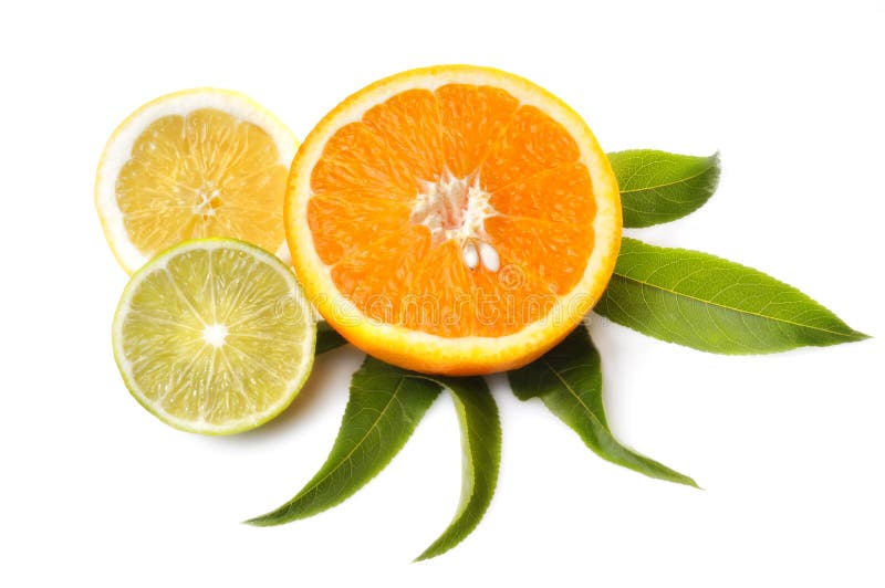 Slices of ripe sweet lime, orange and lemon citrus fruits garnished with leaves and isolated on white background. Slices of ripe sweet lime, orange and lemon citrus fruits garnished with leaves and isolated on white background.