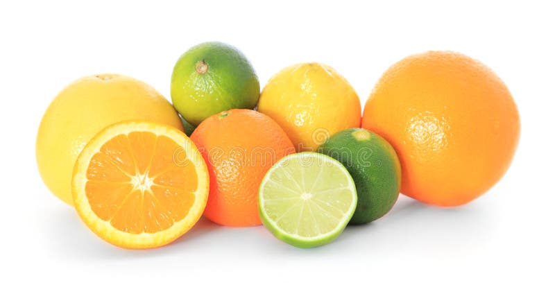 Fresh citrus fruits. All on white background.