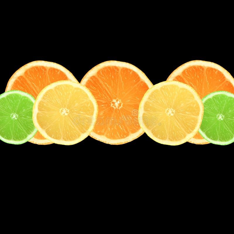 Lemon, lime and orange citrus fruit slices in a horizontal line over black background. Lemon, lime and orange citrus fruit slices in a horizontal line over black background.