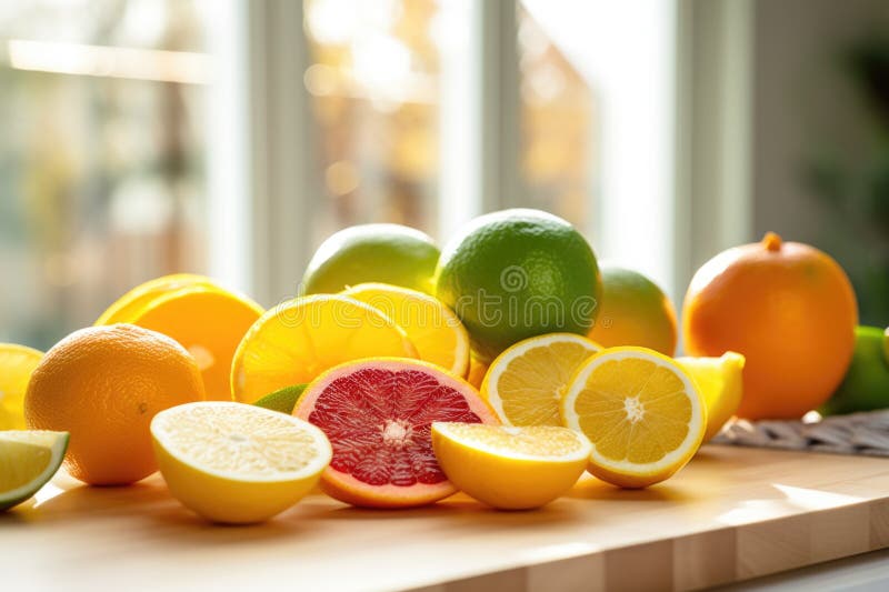 Citrus Fruits Cut in Half on Bright Kitchen Countertop Stock
