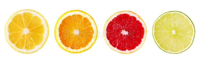 Citrus slices of orange, red grapefruit, lime and lemon in a row royalty free stock photos
