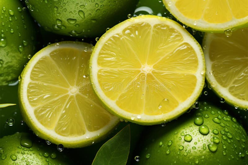 Citrus Splash Lime slice with water droplet, creating a refreshing scene stock illustration