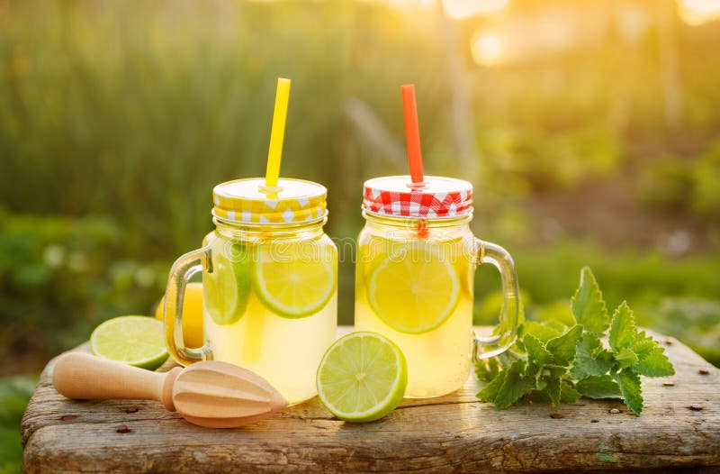 Citrusvruchtenlimonade in tuin het plaatsen stock foto Citrusvruchtenlimonade in tuin het plaatsen stock foto