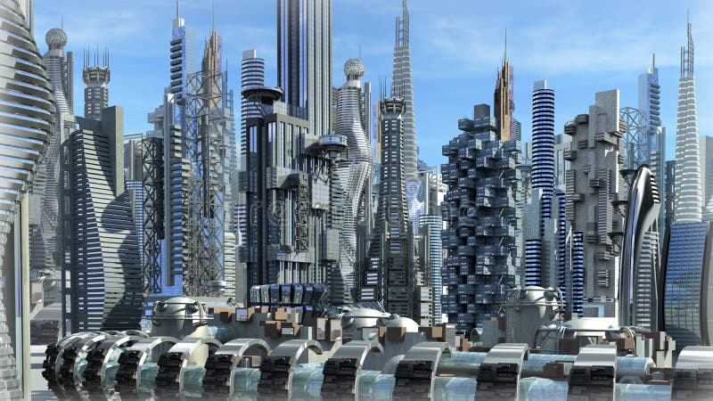 Science fiction city with glass, metallic structures for futuristic or fantasy backgrounds. Science fiction city with glass, metallic structures for futuristic or fantasy backgrounds